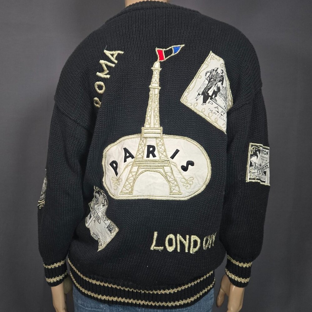 Vintage 80s IB Diffusion Cardigan Novelty Sweater Size M Paris London Roma